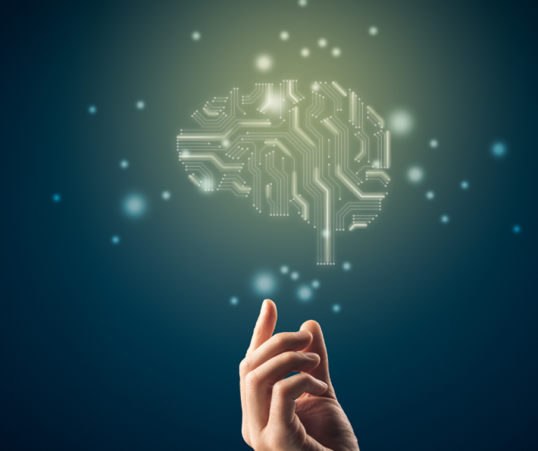 Image showing a picture of a brain and a hand to demonstrate artificial intelligence